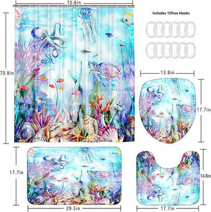 4-Piece Blue Ocean Seaworld Shower Curtain Set Marine Life Bathroom Set with Shower Curtain and Rugs, Octopus Turtle Coral Seagrass Seaworld Bath Curtain with Hooks for Home Decor