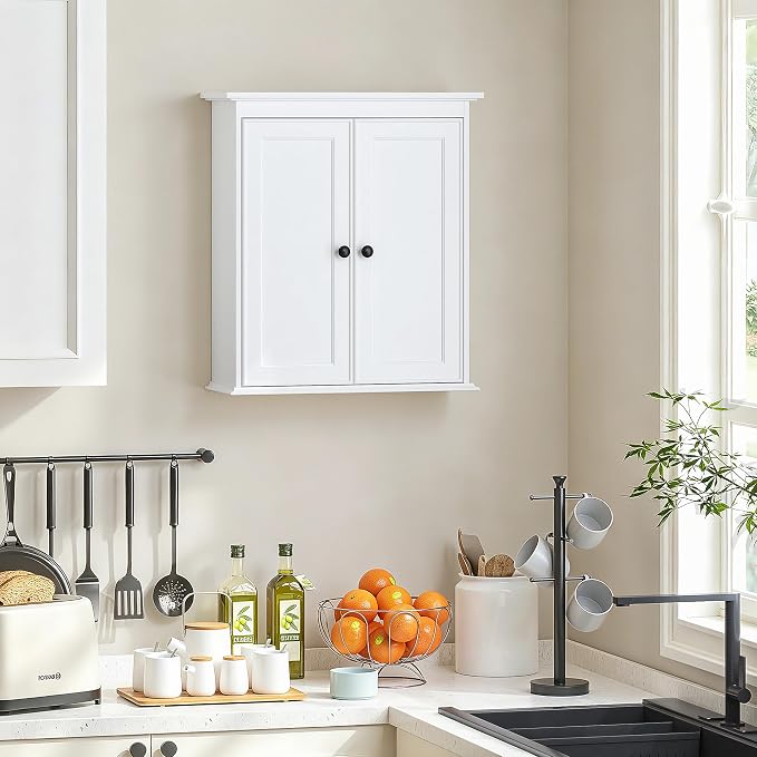 Spirich Bathroom Wall Cabinet, White Medicine Cabinet with 2 Doors | 2 Adjustable Shelves, Shaker Doors & Black Knobs, Compact Wall Storage for Bathroom, Kitchen & Laundry Room