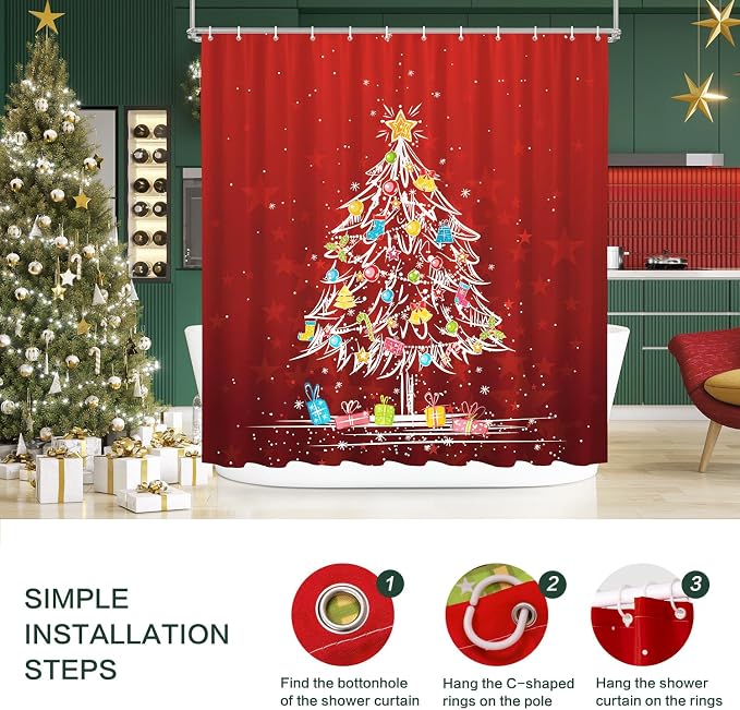 Shower Curtain Christmas, Holiday Shower Curtain Red Christmas Tree Candy Cane Stocking Jingle Bells Bulb Winter ShowerCurtain Waterproof Fabric Machine Washable Home Farmhouse Decor Bath Curtains