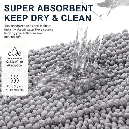 Smiry Thick Chenille Bathroom Runner Rugs 44x24, Absorbent Bath Mat, Grey | Quick‑Dry & Machine Washable, Non‑Slip Bath Carpet, Soft Striped Bath Rugs for Tub & Shower, Modern Home Decor Accessories