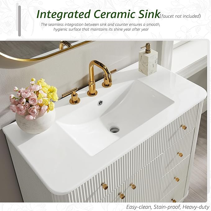 T4TREAM 36 Inch Bathroom Vanity with Sink, Modern Fluted Single Bathroom Vanity with Sink with Storage Cabinet, Adjustable Shelf and 3 Small Drawers, Solid White