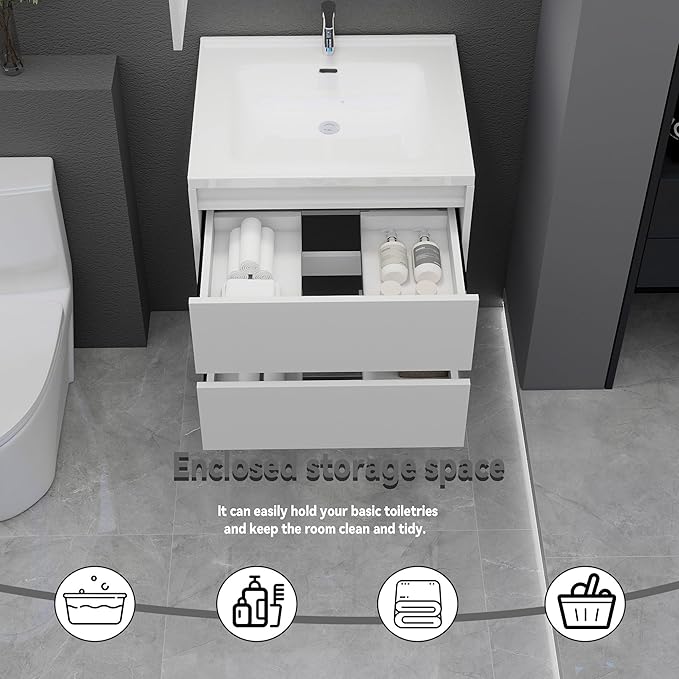 White Floating Bathroom Vanity with Sink, 23x18 Inch Wall Mounted Bathroom Cabinet with 2 Drawers, Modern Single Sink Vanity for Small Bathroom, Space-Saving Storage Cabinet