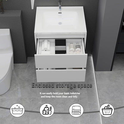 White Floating Bathroom Vanity with Sink, 23x18 Inch Wall Mounted Bathroom Cabinet with 2 Drawers, Modern Single Sink Vanity for Small Bathroom, Space-Saving Storage Cabinet