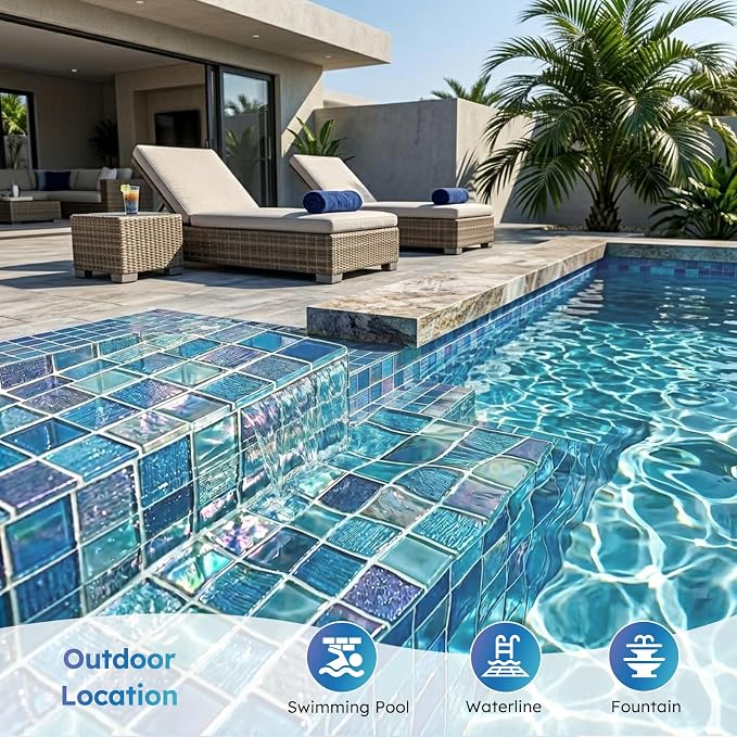 Pool Glass Mosaic Tiles, Iridescent Blue, 2x3 Inch Brick, 5 Sheets | Glass Tile for Swimming Pool, Kitchen Backsplash, Shower, Bathroom Wall, Waterline, Fountain