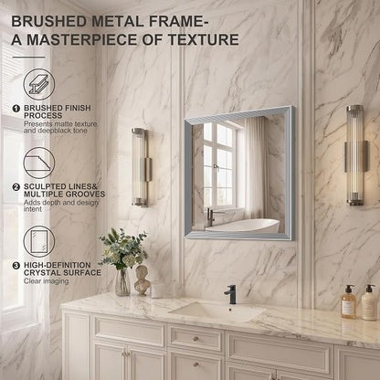 DESBING 24"x24" Silver Bathroom Mirrors for Over Sink | Tempered Glass, Metal Frame, Rectangle Vanity Wall Mirror for Bathroom, Living Room, Bedroom, Horizontally or Vertically