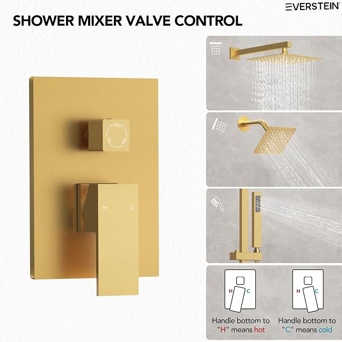 10" High-Pressure Rainfall Shower Faucet with Handheld Spray, Wall Mount Dual Shower Head System with Slide Bar (Brushed Gold)