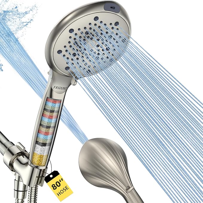 FASDUNT High Pressure Filtered Handheld Shower Head, Brushed Nickel | 80" Long Stainless Steel Hose, Built-in Power Wash, Anti-clog Nozzles, Filter Beads for Hard Water, Remove Chlorine