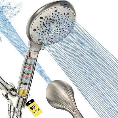 FASDUNT High Pressure Filtered Handheld Shower Head, Brushed Nickel | 80" Long Stainless Steel Hose, Built-in Power Wash, Anti-clog Nozzles, Filter Beads for Hard Water, Remove Chlorine
