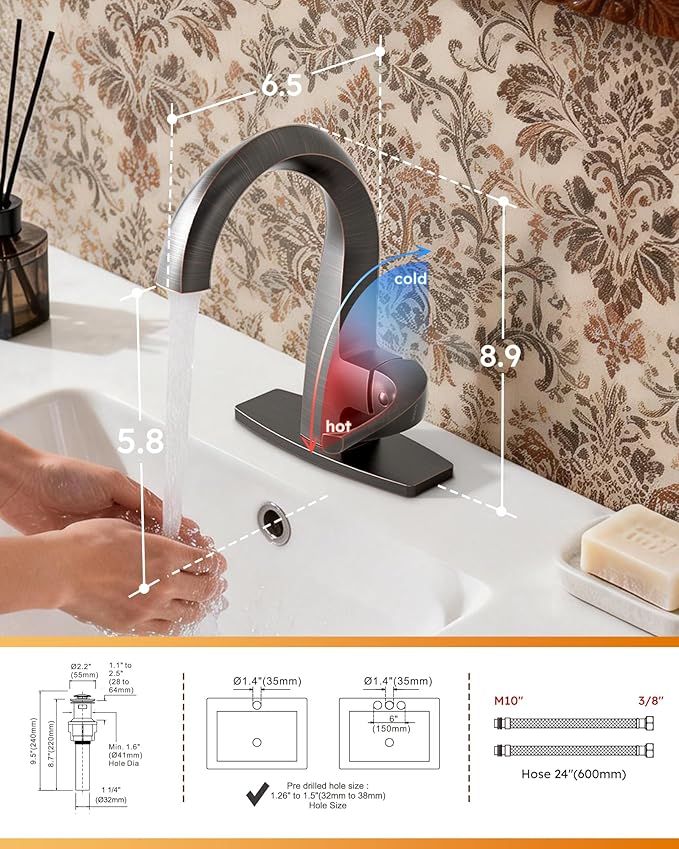 WOWOW Single Handle Bathroom Faucet 1 Hole High Arc Bathroom Basin Oiled Rubbed Bronze with Pop Up Drain, Solid Brass Commercial Bathroom Sink Faucet Basin Vanity Bar Faucet (Patented Product)