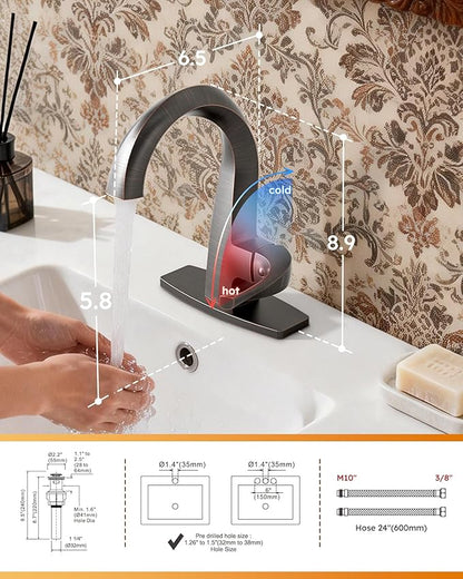 WOWOW Single Handle Bathroom Faucet 1 Hole High Arc Bathroom Basin Oiled Rubbed Bronze with Pop Up Drain, Solid Brass Commercial Bathroom Sink Faucet Basin Vanity Bar Faucet (Patented Product)
