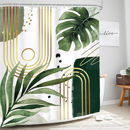 Glawry Green Gold Boho Mid Century Shower Curtain Extra Long Abstract Tropical Plant Minimalist Modern Geometric Bathroom Palm Leaf 72Wx84L Inches Bath Accessories Art Home Decor Fabric 12 Pack Hooks