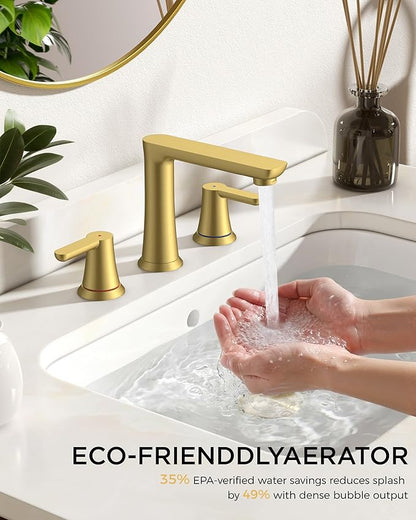 FORIOUS Gold Bathroom Faucet 3 Hole, Two Handle Gold Faucet for Bathroom Sink 3 Hole with Metal Pop-up Drain, cUPC Supply Lines and 1.2GPM Spare Aerator, for Vanity Sink Taps and Commercial Sinks