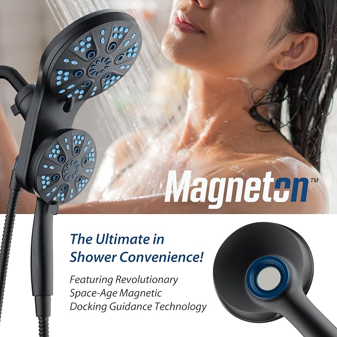 AquaCare Magneton 48-Mode High Pressure Rain & Handheld Shower Head Combo | Space-age Magnetic Guidance Docking, Dual 6-mode Heads with Hygienic Jets, Extra-long 6 ft. Stainless Steel Hose / Black