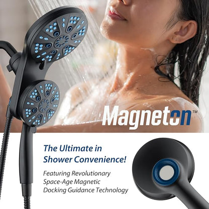 AquaCare Magneton 48-Mode High Pressure Rain & Handheld Shower Head Combo | Space-age Magnetic Guidance Docking, Dual 6-mode Heads with Hygienic Jets, Extra-long 6 ft. Stainless Steel Hose / Black