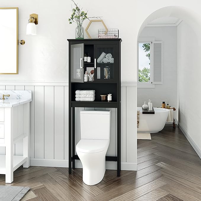 Spirich Over The Toilet Storage Cabinet with Moru Tempered Glass Doors, Bathroom Organizer Above Toilet Storage Cabinet, Espresso