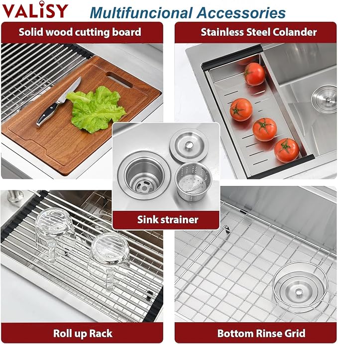 33x22 Drop in Kitchen Sink, SUS304 Stainless Steel Top Mount Workstation Sink, 16 Gauge Brushed Nickel Single Bowl Kitchen Sinks with Accessories for Kitchen Laundry Utility