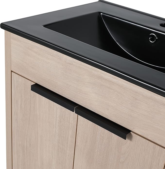 SSLine 24-Inch Bathroom Vanity with Sink Mid-Century Bathroom Vanities with Black Top Basin Floor Wood Bathroom Sink Cabinet with Soft-Close Doors & Adjustable Storage Shelves (Light Oak)