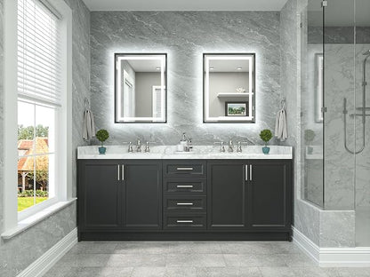 24 x 32 Led Mirror Brushed Gunmetal Gray/Off‑Black Metal Frame Frontlit & Backlit Vanity Mirror Anti-Fog Stepless Dimmable 3 Colors White/Warm/Natural Wall Mirror with Lights Wall-Mounted