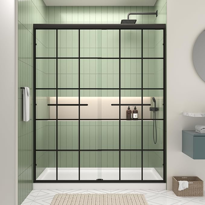 Semi-Frameless Double Sliding Shower Door, Grid Pattern Matte Black Finish | 44"-48" W x 72" H Shower Doors with 6mm Clear SGCC Tempered Glass, Bypass Shower Enclosure Easy-Clean Nano Coating&Waterproof