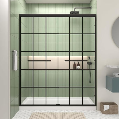 Semi-Frameless Double Sliding Shower Door, Grid Pattern Matte Black Finish | 44"-48" W x 72" H Shower Doors with 6mm Clear SGCC Tempered Glass, Bypass Shower Enclosure Easy-Clean Nano Coating&Waterproof