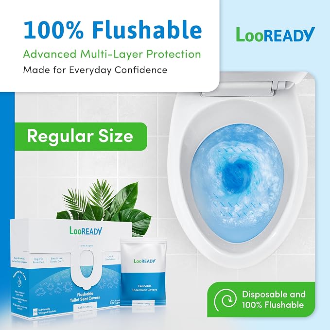 Toilet Seat Covers Disposable Flushable - Regular Size (16x19”) - Travel Size Individually Wrapped, Soft & Strong, Pocket Size, for Public Restrooms at the Office, for Commuters or Holiday (10 Pack)