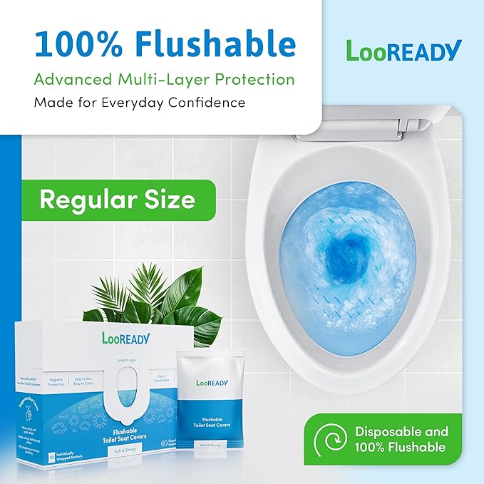 Toilet Seat Covers Disposable Flushable - Regular Size (16x19”) - Travel Size Individually Wrapped, Soft & Strong, Pocket Size for Public Restrooms at the Office, for Commuters or Holiday (30 Pack)