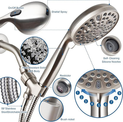 High Pressure Handheld Shower Head, 10-Setting Showerhead, 4.7”Detachable Showerhead Set with 5ft Hose, Adjustable Bracket and Built-in Power Wash to Clean Tub, Tile & Pets - Brush Nickel