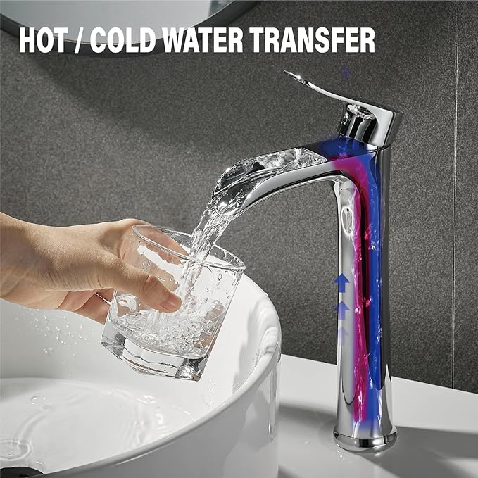 Chrome Vessel Sink Faucet,YUNDOOM Tall Waterfall Single Hole Single Handle Bowl Sink Faucet with Pop Up Drain