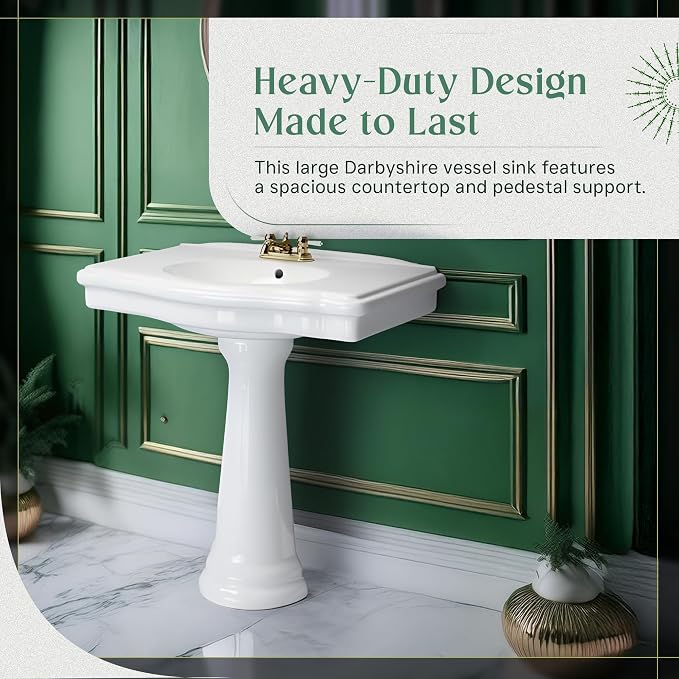 Renovators Supply Manufacturing Darbyshire 34"W x 22.5" D x 32" H Large Bathroom Pedestal Sink. Vitreous China with Overflow, 4 in. Centerset Faucets
