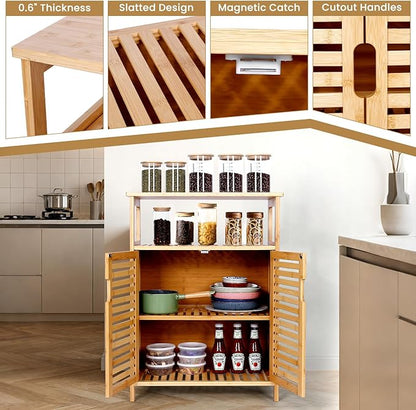 Bamboo Storage Cabinet with Doors, Floor Freestanding Cabinet with Shelves for Bathroom, Kitchen, Living Room