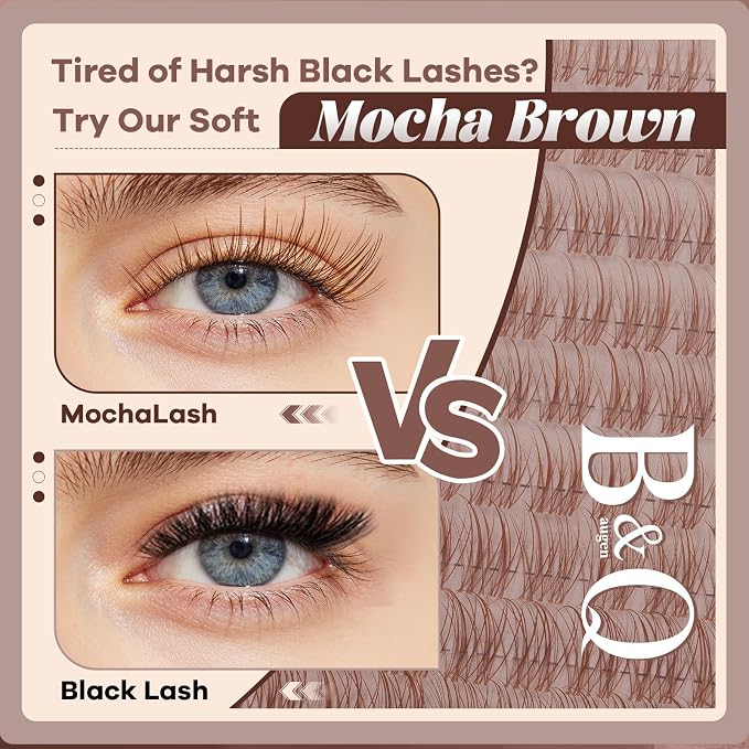 B&Q Brown Lash Clusters Kit Natural Mochalash Clusters 06, Wispy Eyelash Clusters Kit C-Curl Cluster Eyelash Extensions 8-16mm Brown Lash Eyelashes Kit for Fair/Dark Hair(Mochalash 06 Set)