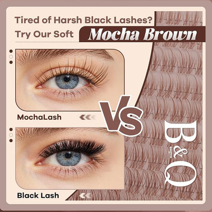 B&Q Brown Lash Clusters Kit Natural Mochalash Clusters 06, Wispy Eyelash Clusters Kit C-Curl Cluster Eyelash Extensions 8-16mm Brown Lash Eyelashes Kit for Fair/Dark Hair(Mochalash 06 Set)