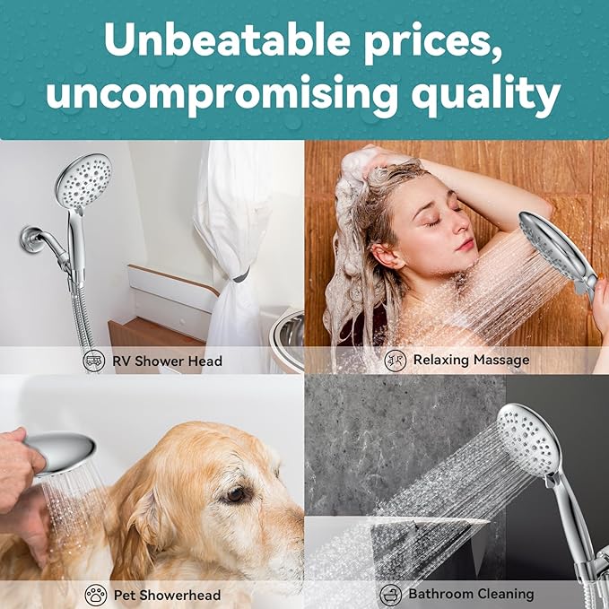 High Pressure Shower Head with Handheld, JDO 6 Spray Settings Handheld Showerhead, 4.3" High Flow Rain Showerhead Set with 59" Stainless Steel Hose and Adjustable Bracket for Bathroom, Gym, Hotel | 4.3-inch high flow head, 59-inch stainless steel hose,...
