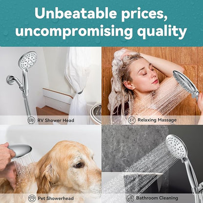 High Pressure Shower Head with Handheld, JDO 6 Spray Settings Handheld Showerhead, 4.3" High Flow Rain Showerhead Set with 59" Stainless Steel Hose and Adjustable Bracket for Bathroom, Gym, Hotel | 4.3-inch high flow head, 59-inch stainless steel hose,...
