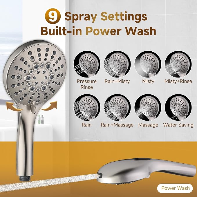 BRIGHT SHOWERS Rain Shower Heads System - 9 Inch Rainfall Shower Head and Handheld Shower Head with Height Adjustable Holder, Solid Brass Rail and 60" Long Stainless Steel Shower Hose, Brushed Nickel