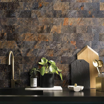 AULIGET 200 Pieces Rust Slate Peel and Stick Backsplash Wall Tiles, 3" x 6" PVC Faux Stone Stick on Tiles for Backsplash Kitchen, Bathroom, Laundry Room, Camper, Fireplace