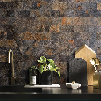 AULIGET 100 Piece Rust Slate Peel and Stick Backsplash Wall Tiles, 3" x 6" PVC Faux Stone Stick on Tiles for Backsplash Kitchen, Bathroom, Laundry Room, Camper, Fireplace