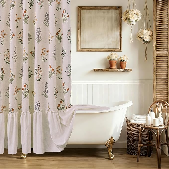 ORTIGIA Linen Textured Ruffle Shower Curtain with Metal Hooks, Vintage Boho Farmhouse Floral Linen Cottagecore Shower Curtain Bathroom Waterproof 72x72 Inch