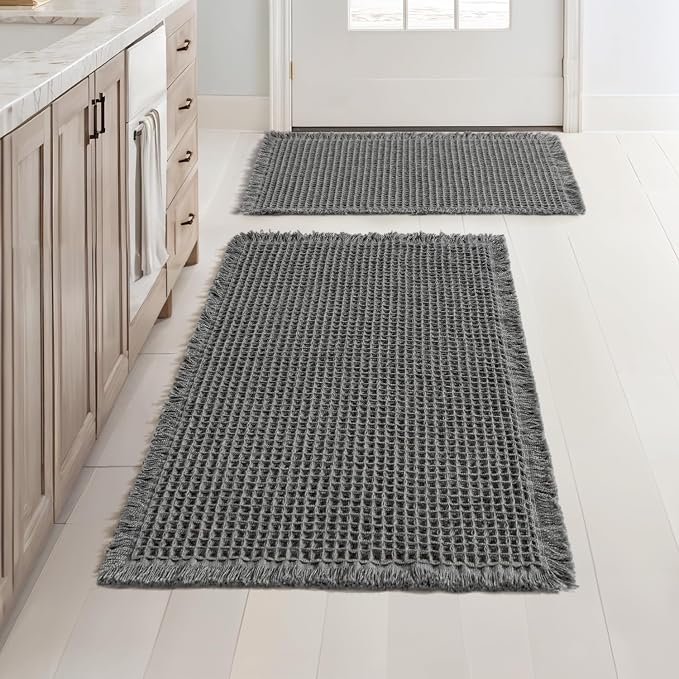 MIULEE Set of 2 Waffle Bathroom Rugs Dark Grey Bath Mat 17"x24"+18"x30" | Non Slip, Super Absorbent, Washable, Ultra Soft, Rubber Backed, Small Boho Bath Rugs for Bathroom Floor Tub Shower