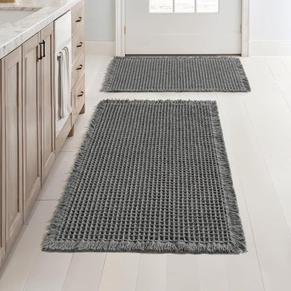 MIULEE Set of 2 Waffle Bathroom Rugs Dark Grey Bath Mat 17"x24"+18"x30" | Non Slip, Super Absorbent, Washable, Ultra Soft, Rubber Backed, Small Boho Bath Rugs for Bathroom Floor Tub Shower