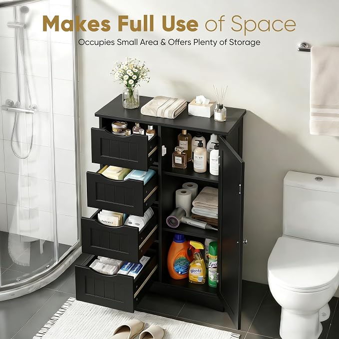 SUPER DEAL Bathroom Storage Cabinet with 4 Drawers and 1 Cupboard, Entryway Home Decor Furniture Towels Storage Organizer Unit, Black