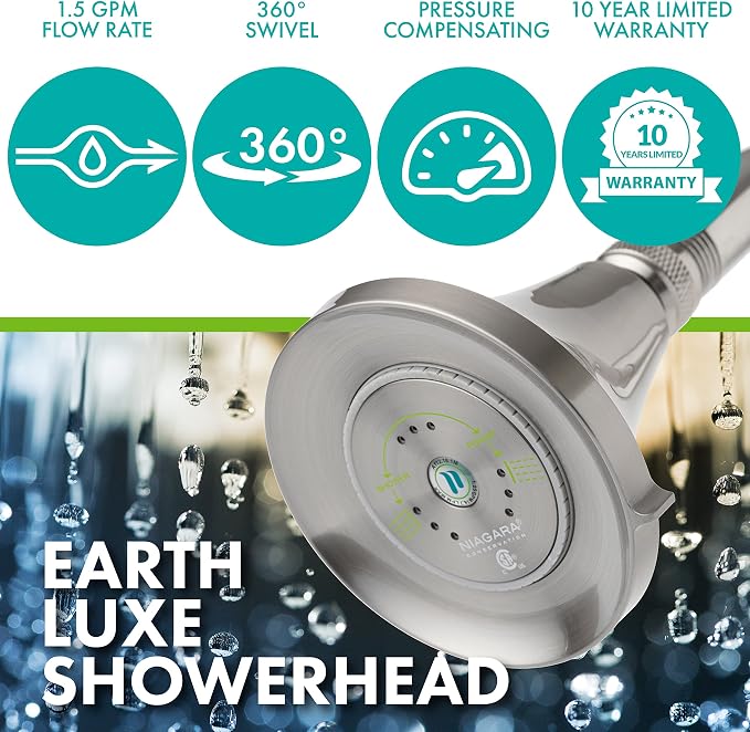 Niagara Conservation Earth Luxe 3-Spray 1.5 GPM 3.35-in. Wall Mount Adjustable Fixed Shower Head in Brushed Nickel, Bathroom Shower Head Sprayer with Pressure Compensation