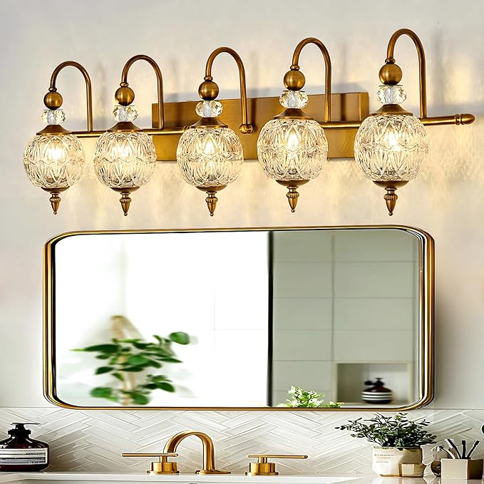 Vintage Bathroom Lights Fixtures Gold Vanity Light with Glass Globe LampShade 5 Light Brushed Brass G9 Bulb Wall Sconce Antique Indoor Vanity Light Over Mirror for Kitchen Bedroom Living Room