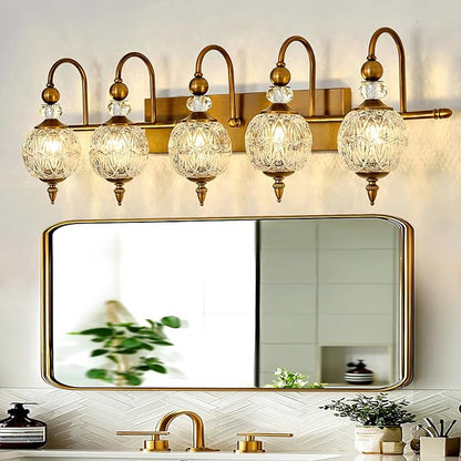 Vintage Bathroom Lights Fixtures Gold Vanity Light with Glass Globe LampShade 5 Light Brushed Brass G9 Bulb Wall Sconce Antique Indoor Vanity Light Over Mirror for Kitchen Bedroom Living Room