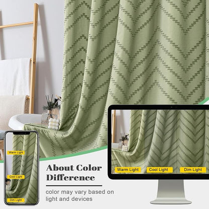 Light Green Fabric Shower Curtain, Boho Shower Curtains for Bathroom Chic Tufted Chevron Striped Textured with Tassel, Soft Hotel Style Farmhouse, Machine Washable, 72x78, Light Green