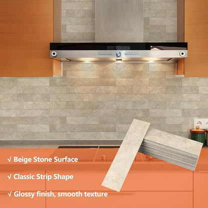 80-Piece Beige Stone Peel and Stick Backsplash Tile, 2"x 8" PVC Subway Tiles, Stick on Backsplash for Kitchen/Bathroom/Fireplace