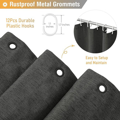 BTTN Charcoal Grey Shower Curtain - Linen Textured Heavy Duty Thick Waterproof Cloth Shower Curtain Set with 12 Plastic Hooks, Hotel Luxury Decorative Fabric Shower Curtain for Bathroom, 72x72, Gray