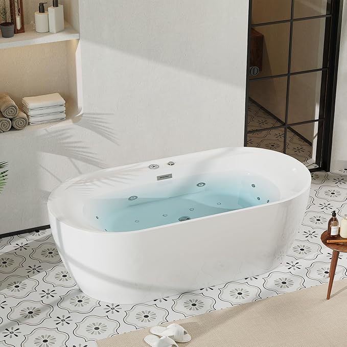 71" Freestanding Whirlpool Tub - Air Bubble & Hydro Jet,Multi-Color LED Mood Lighting & Massage Jets - White Acrylic Soaking Bathtub for Home Spa