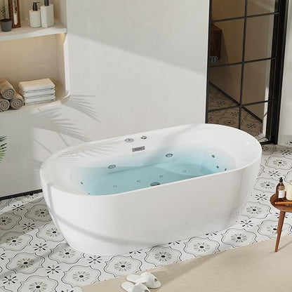 71" Freestanding Whirlpool Tub - Air Bubble & Hydro Jet,Multi-Color LED Mood Lighting & Massage Jets - White Acrylic Soaking Bathtub for Home Spa