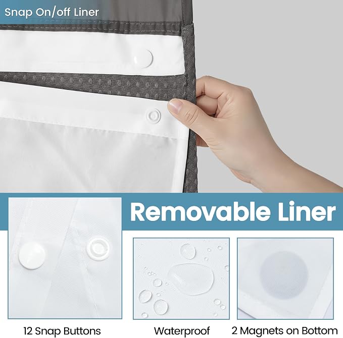 EUTXL Heavyweight Charcoal Grey Stall No Hook Shower Curtain with Snap in Liner,256GSM Waffle Weave Shower Curtains for Bathroom,54W x 80H